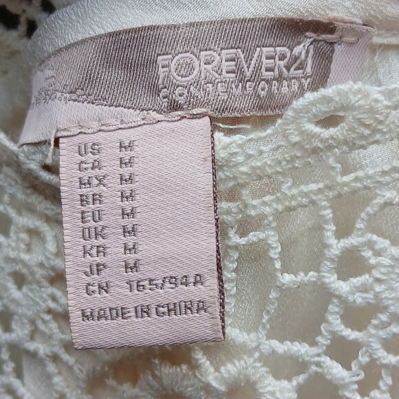 Forever 21 Cream Long Sleeve Flowy Poly/Chiffon Crochet Top Tunic Dress Sz L - Picture 4 of 8